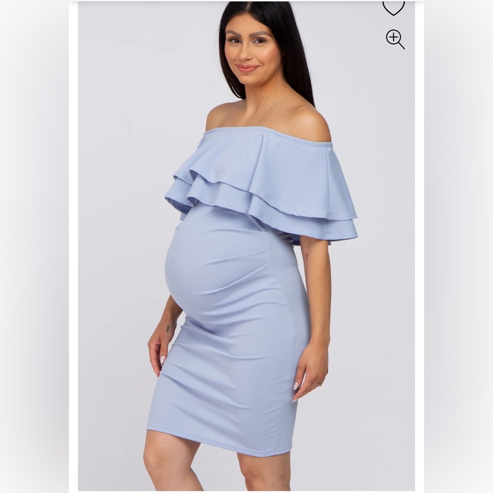 NWT PINKBLUSH Hello Miz Maternity Light Blue Ruffle Off Shoulder Ruched Dress